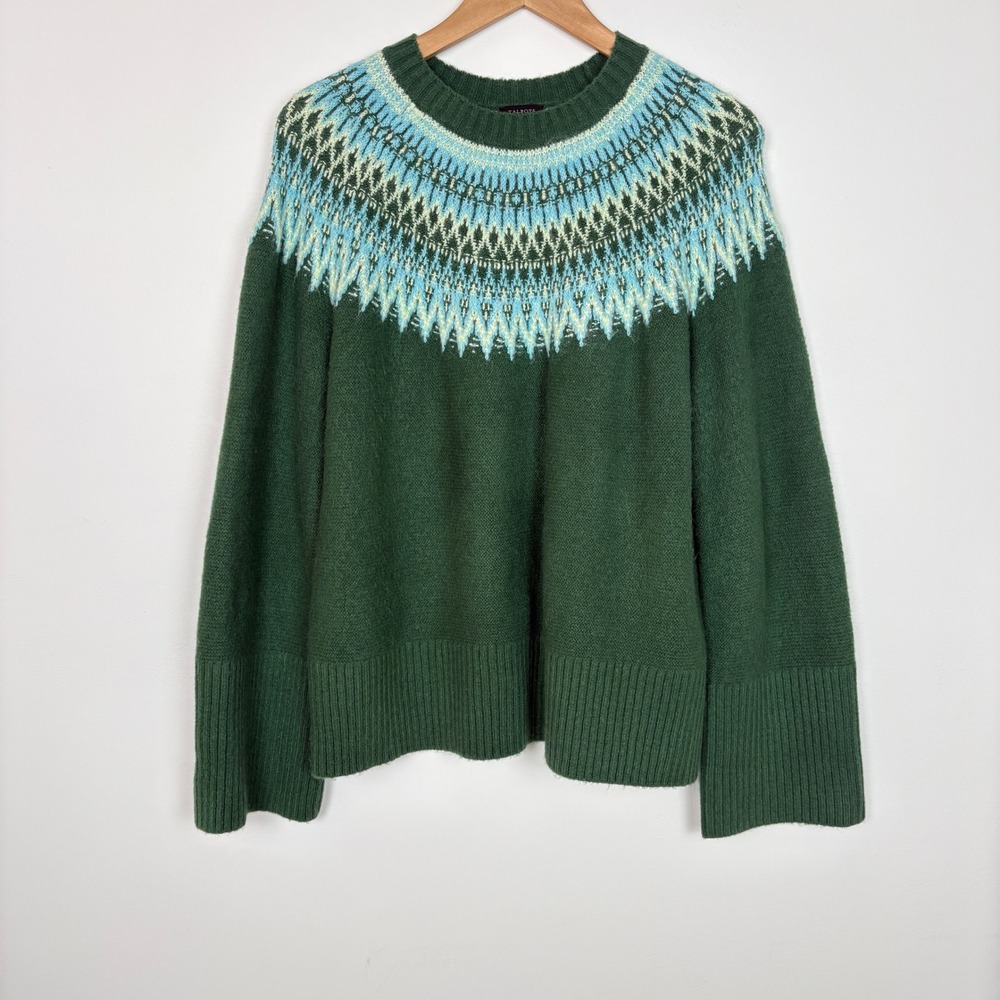 Talbots Women Nordic Fair Isle Yoke Knit Sweater Size Medium Green Bell Sleeve